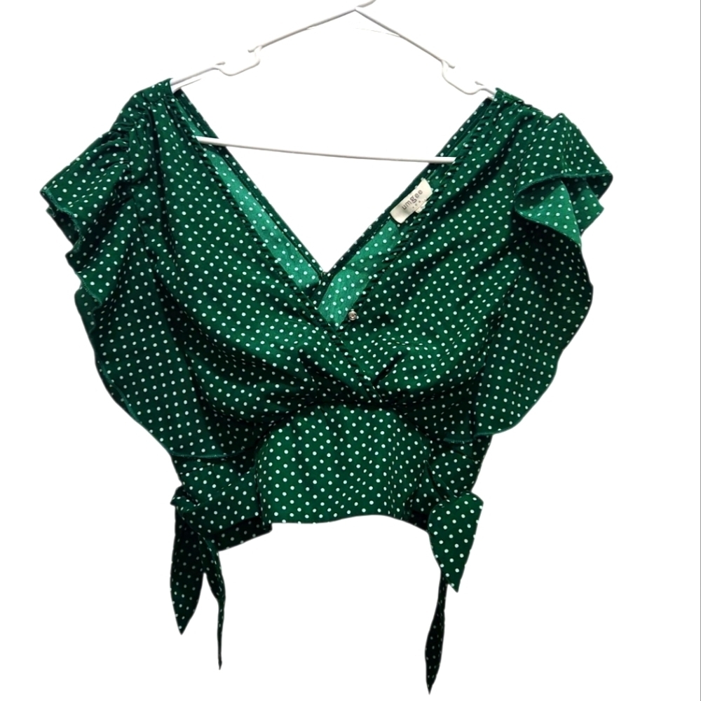 Umgee Cropped Green Polka Dot Top Tie Sides Size S **FLAW